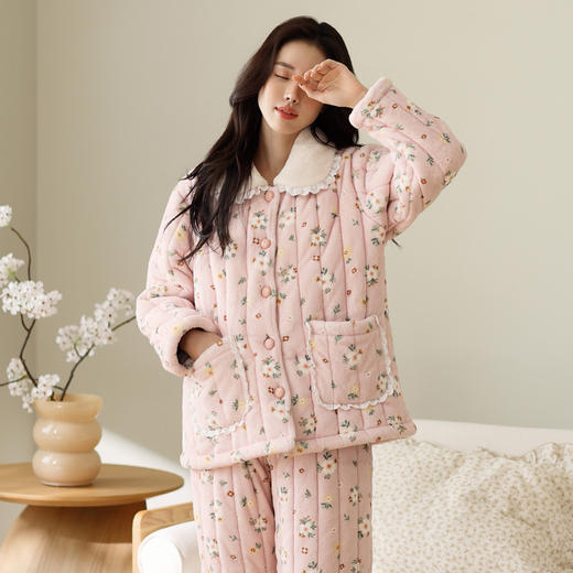 芬腾珊瑚绒夹棉睡衣翻领开衫女冬季三层加厚冬天妈妈款加绒家居服 商品图2