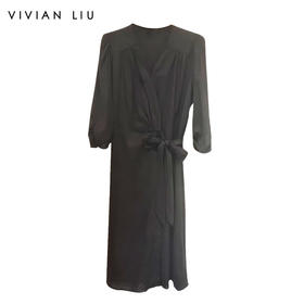 VIVIAN LIU R2424103春女装新款V领侧腰系带长袖收腰连衣裙