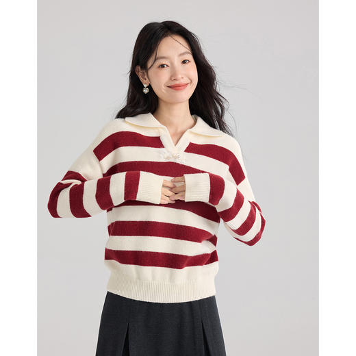 【专属特价】熙世界新中式粗条纹POLO领针织衫女秋冬款休闲毛衣上衣 商品图2
