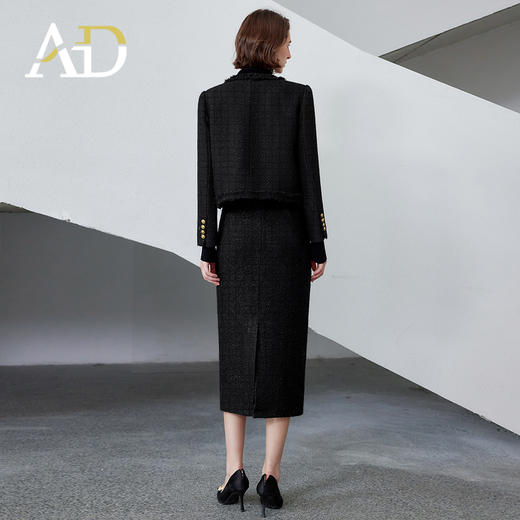 AD黑色经典小香风粗花呢西装套装女2024秋冬新款外套半身裙两件套 商品图4