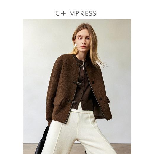 CIMPRESS/西嘉羊驼羊毛圆领拼皮时髦简约羊羔毛短外套女冬季新款(货号:WT2404066) 商品图1