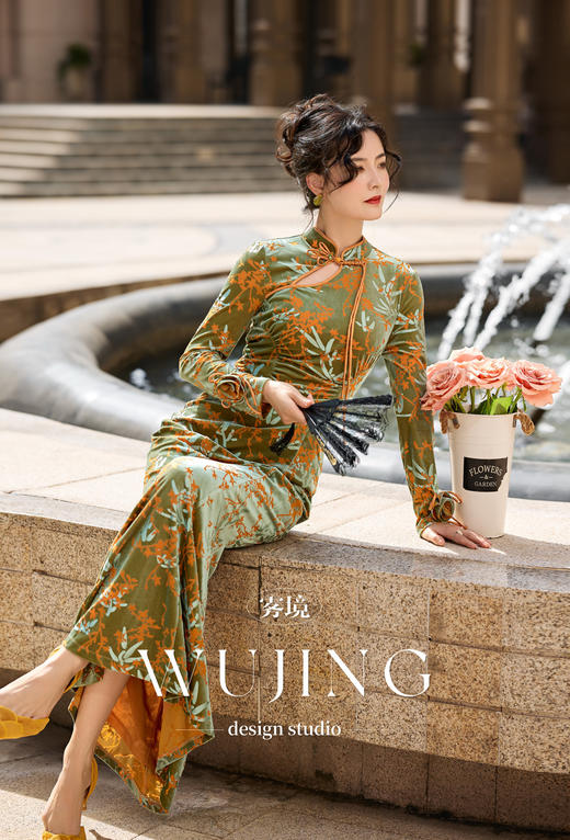 【雾境定制新款】翠庭竹影系列 进口丝绒连衣裙 4202114 商品图4