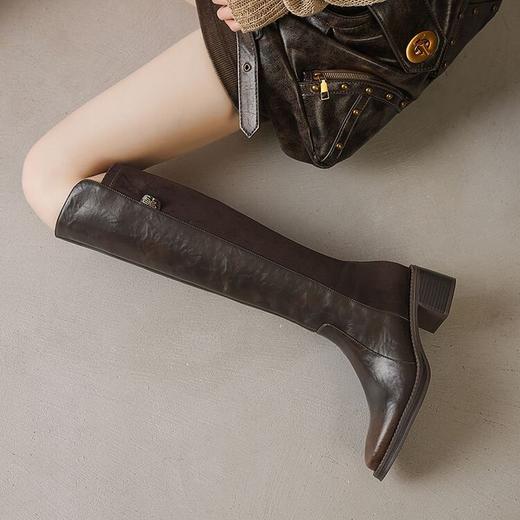【预售5天】高级感长靴不过膝显瘦粗跟骑士靴秋冬新款英伦风复古高筒靴女DTN&378-55 商品图4