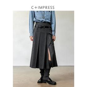 CIMPRESS/西嘉羊毛呢百褶裙女2024新款秋冬知识分子风灰色半身裙(货号:BQ2404058)