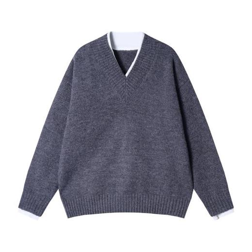 秋冬季新款时尚个性韩版撞色V领假两件针织毛衣复古百搭宽松 商品图1