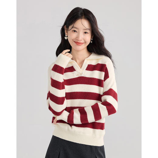 【专属特价】熙世界新中式粗条纹POLO领针织衫女秋冬款休闲毛衣上衣 商品图1