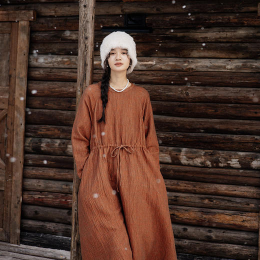 绽放822朵/午后暖阳连衣裙加厚双层色织亚麻棉圆领插肩长袖裙子 商品图0