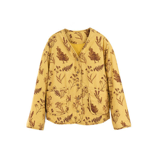 绽放旅行女装860朵/秋冬加厚棉麻原创印花开襟长袖短款保暖棉服 商品图4