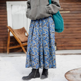 绽放旅行女装861朵/秋冬加厚亚麻棉文艺印花内加棉里双层半身裙