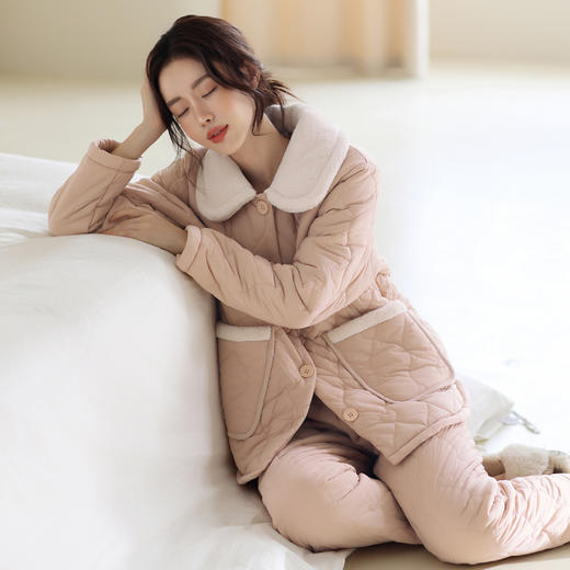 芬腾睡衣女款加绒加厚秋冬季保暖珊瑚绒青少年三层夹棉冬天家居服 商品图4