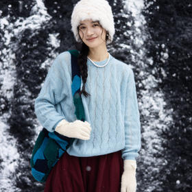 绽放旅行女装664朵/桑蚕丝山羊绒复古文艺绞花经典圆领套头毛衣