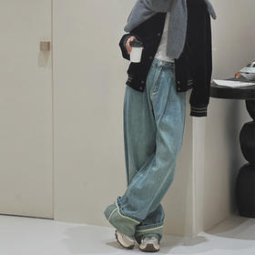 【顺丰包邮】01907 洛诗琳秋季翻边设计感高腰阔腿显瘦牛仔裤103