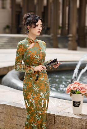 【雾境定制新款】翠庭竹影系列 进口丝绒连衣裙 4202114