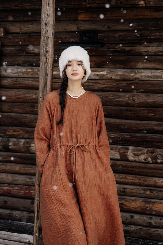 绽放822朵/午后暖阳连衣裙加厚双层色织亚麻棉圆领插肩长袖裙子 商品图5