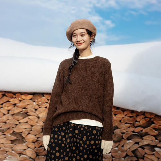 绽放893朵/雪原毛衣秋冬优质美利奴羊毛三色绞花彩点圆领套头上衣 商品图3