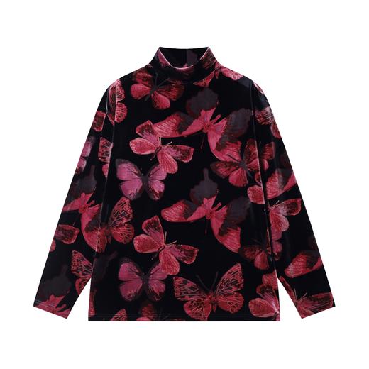 T1981秋冬季新款时尚个性绒面满印蝴蝶撞色半高领长袖T恤百搭复古简约 商品图1