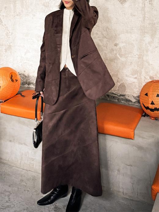 LIYIHAN 24冬新款麂皮面料不规则长半裙分割直筒开叉小A高级感 商品图1