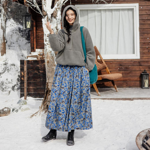 绽放旅行女装861朵/秋冬加厚亚麻棉文艺印花内加棉里双层半身裙 商品图1