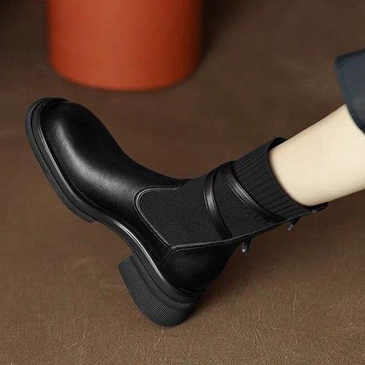 【百丽同款马丁靴】秋冬马丁靴 圆头复古袜靴棕色黑色 厚底粗跟瘦瘦靴 商品图4