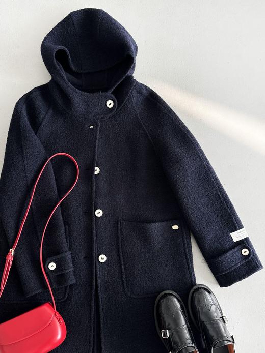【月湾星湖】24新款藏蓝色时尚百搭显瘦连帽气质韩系毛呢大衣外套 商品图5