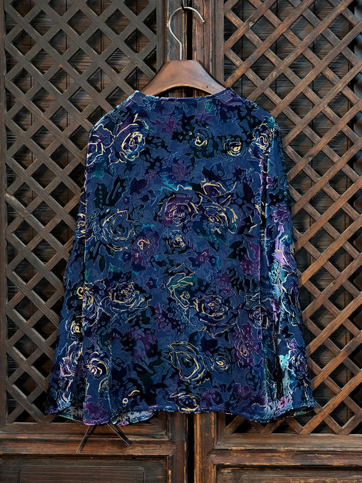 盛唐牡丹|抽象玫瑰丝绒偏襟上衣 商品图4