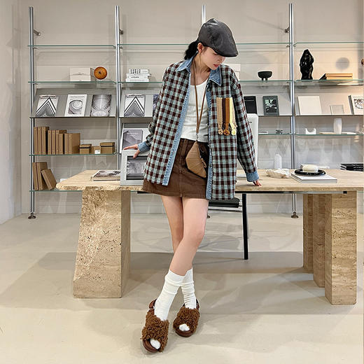 【顺丰包邮】84421 洛诗琳美式复古钩花格纹拼接廓形羊毛衬衫539 商品图1