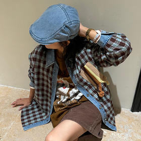 【顺丰包邮】84421 洛诗琳美式复古钩花格纹拼接廓形羊毛衬衫539