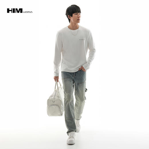 HIM漢崇  简约撞色立体绒面烧花亲肤舒适微弹休闲长袖T恤 2025秋季 商品图1