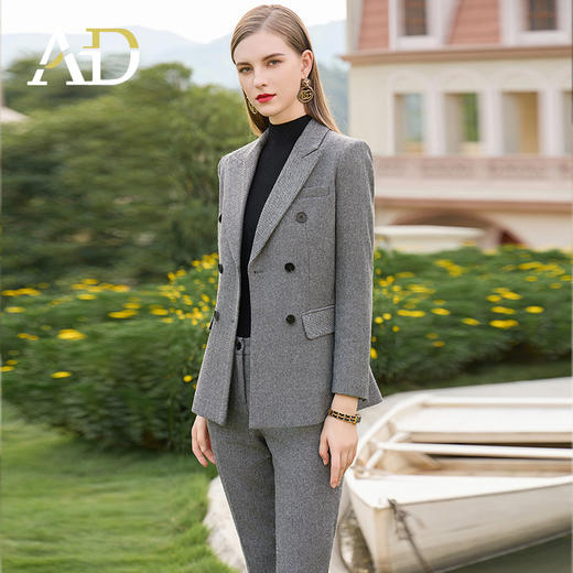 AD秋冬羊毛灰色西装套裤时尚OL人字纹高级感职业装气质正装女套装 商品图2