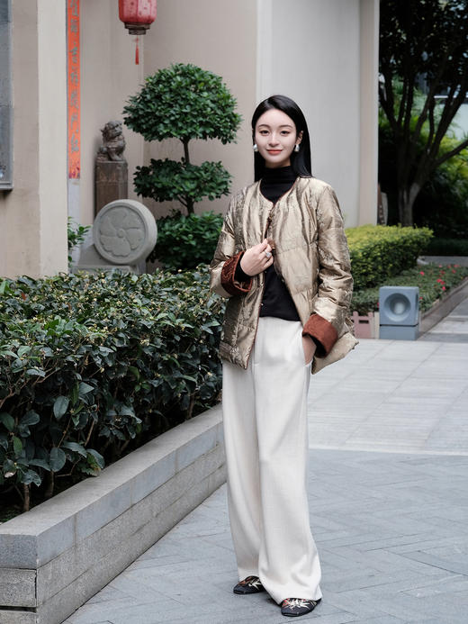 盛唐婧| 新式加厚鱼骨纹羊毛直筒裤-杏色[特价品] 商品图1