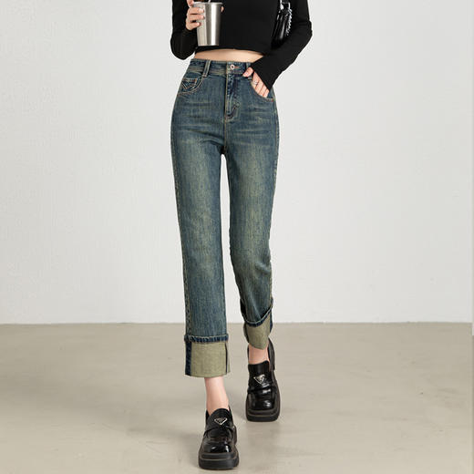 【顺丰包邮】13132 洛诗琳秋冬复古感卷边高腰直筒牛仔裤女1022A 商品图2