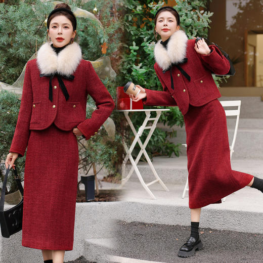 小香风高级感名媛红色，羽绒毛呢冬裙两件套YLJY9025 商品图0
