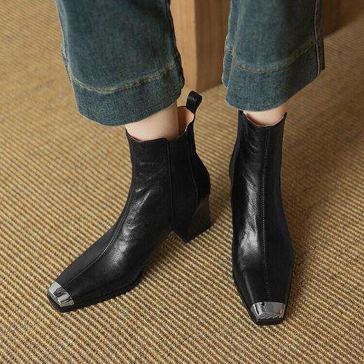 【预售5天】韩版金属方头高跟短筒马丁靴，粗跟弹力时尚显瘦靴LD&6963 商品图3