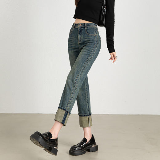 【顺丰包邮】13132 洛诗琳秋冬复古感卷边高腰直筒牛仔裤女1022A 商品图3