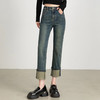 【顺丰包邮】13132 洛诗琳秋冬复古感卷边高腰直筒牛仔裤女1022A 商品缩略图0