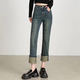 【顺丰包邮】13132 洛诗琳秋冬复古感卷边高腰直筒牛仔裤女1022A