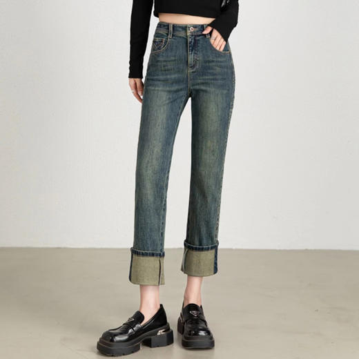【顺丰包邮】13132 洛诗琳秋冬复古感卷边高腰直筒牛仔裤女1022A 商品图0