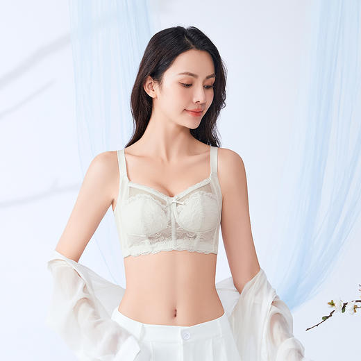 D2-【B-D杯】【大胸显小】超薄透气防凸点薄款内衣女收副乳调整型聚拢防下垂文胸罩 	楼台幽雾【大胸-蕾丝】 商品图6
