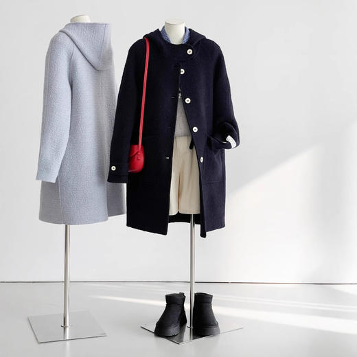 【月湾星湖】24新款藏蓝色时尚百搭显瘦连帽气质韩系毛呢大衣外套 商品图0