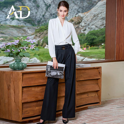 AD白色上衣轻熟法式小众长袖女衬衫时尚洋气阔腿裤显瘦两件套装裤 商品图1
