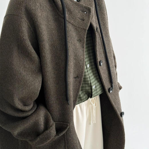 【连帽植物系】24秋冬新款棕绿色高级感复古文艺韩系大衣外套 商品图3