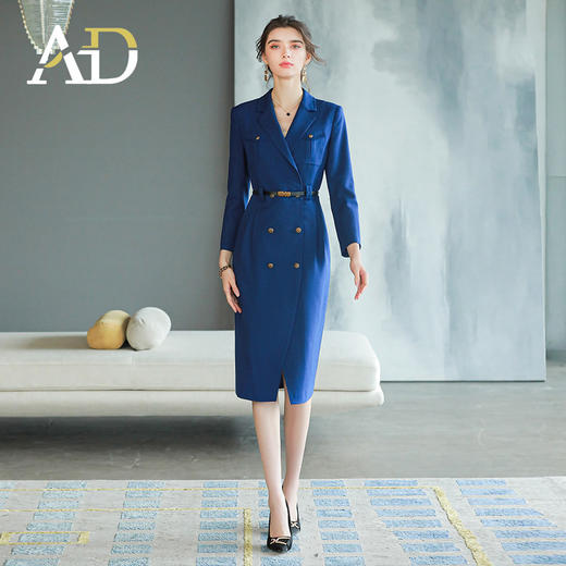 AD气质宝蓝色连衣裙女秋季新款双排扣西装裙中长款裙子干练职业装 商品图1