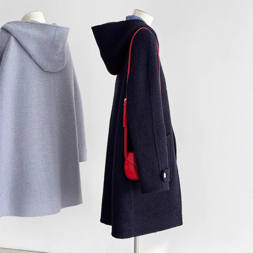 【月湾星湖】24新款藏蓝色时尚百搭显瘦连帽气质韩系毛呢大衣外套 商品图1