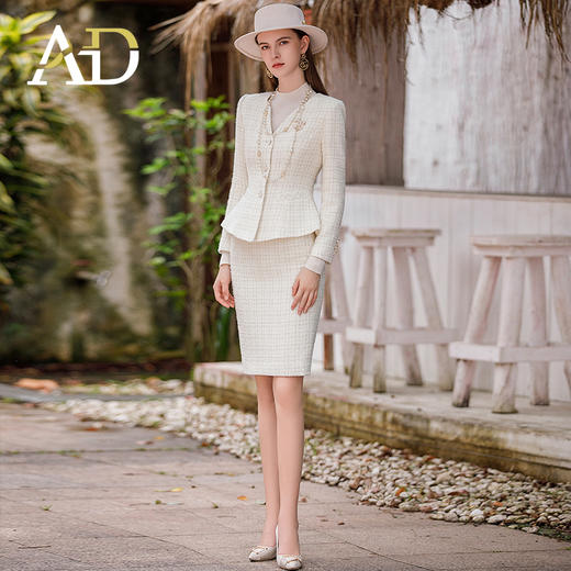 AD时尚贵气小香风套装裙女秋冬新款重工编织羊毛外套粗花呢两件套 商品图3
