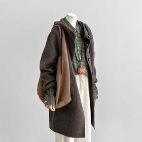 【连帽植物系】24秋冬新款棕绿色高级感复古文艺韩系大衣外套