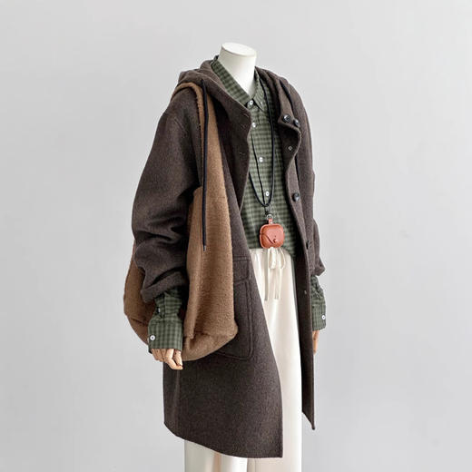 【连帽植物系】24秋冬新款棕绿色高级感复古文艺韩系大衣外套 商品图0