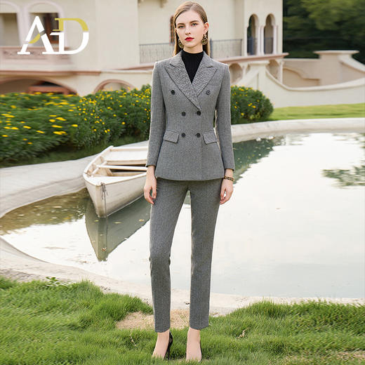 AD秋冬羊毛灰色西装套裤时尚OL人字纹高级感职业装气质正装女套装 商品图0