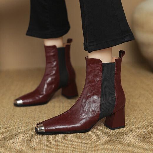 【预售5天】韩版金属方头高跟短筒马丁靴，粗跟弹力时尚显瘦靴LD&6963 商品图0