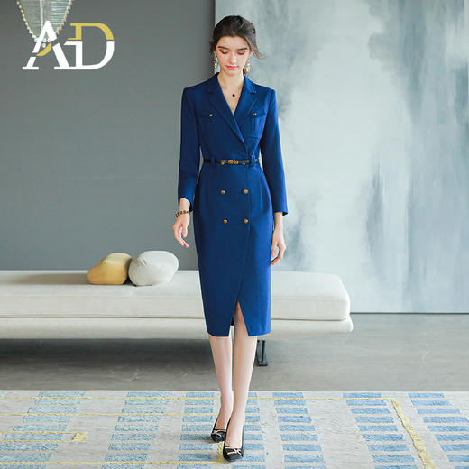 AD气质宝蓝色连衣裙女秋季新款双排扣西装裙中长款裙子干练职业装 商品图2