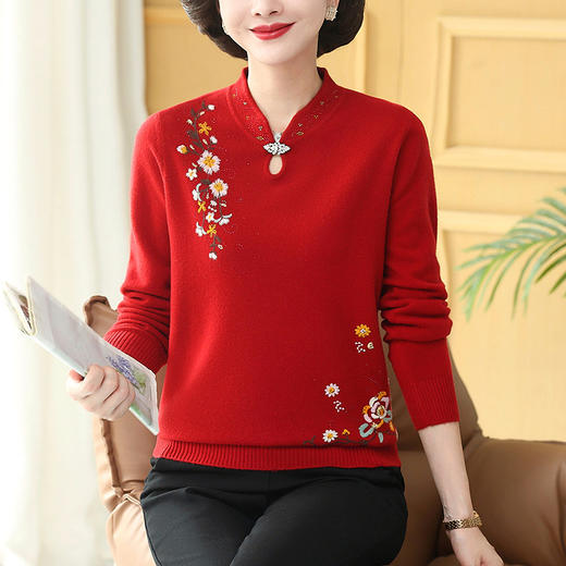 QYR203羊毛衫女100纯羊毛打底衫绣花结婚宴礼服中老年妈妈装秋冬毛衣 商品图0